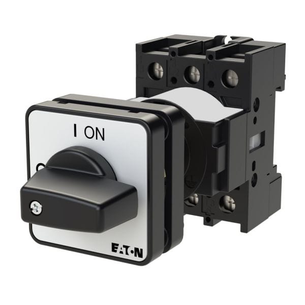 EATON - EIN-AUS-Schalter, P1, 25 A, Zwischenbau, 3-polig, mit schwarzem Knebel und Frontschild