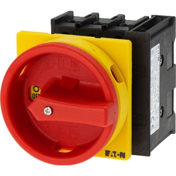 EATON - Hauptschalter, P1, 32 A, Einbau, 3-polig, 1 Schließer, 1 Öffner, NOT-AUS-Funktion, mit rotem Drehgriff und gelbem Sperrkranz, abschließbar i