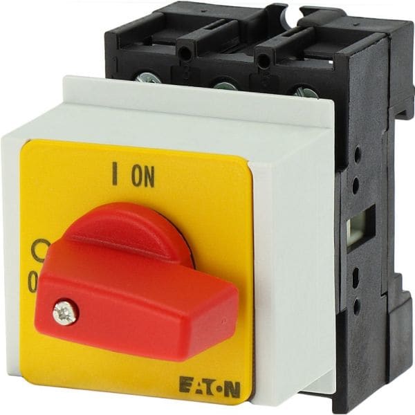 EATON - EIN-AUS-Schalter, P1, 32 A, Verteilereinbau, 3-polig, NOT-AUS-Funktion, mit rotem Knebel und gelbem Frontschild
