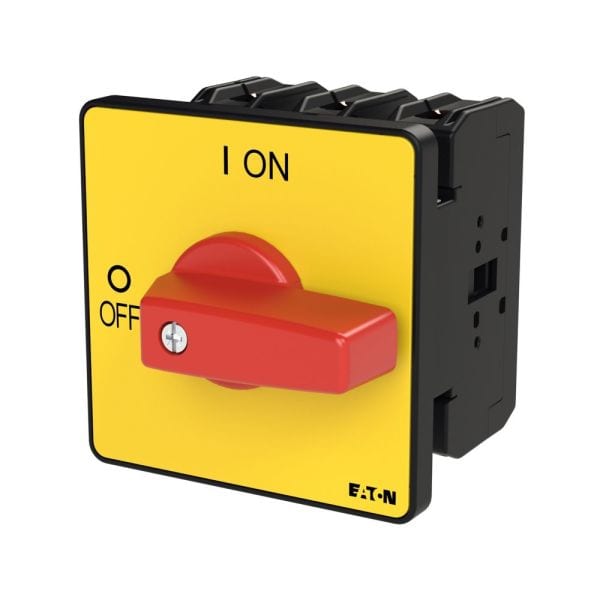 EATON - EIN-AUS-Schalter, P3, 100 A, Einbau, 3-polig, NOT-AUS-Funktion, mit rotem Knebel und gelbem Frontschild