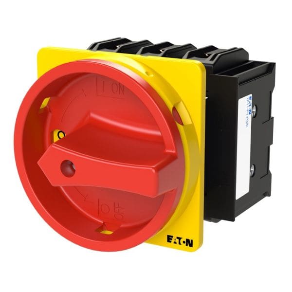 EATON - Hauptschalter, P3, 100 A, Einbau, 3-polig, 2 Schließer, 2 Öffner, NOT-AUS-Funktion, mit rotem Drehgriff und gelbem Sperrkranz
