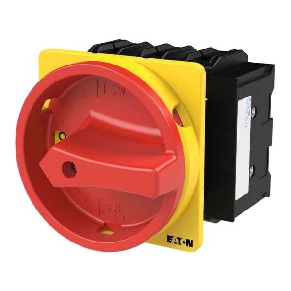 EATON - Hauptschalter, P3, 63 A, Einbau, 3-polig, 1 Schließer, 1 Öffner, NOT-AUS-Funktion, mit rotem Drehgriff und gelbem Sperrkranz, abschließbar i