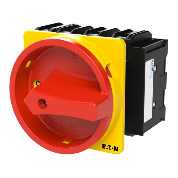 EATON - Hauptschalter, P3, 100 A, Einbau, 3-polig + N, 1 Schließer, 1 Öffner, NOT-AUS-Funktion, mit rotem Drehgriff und gelbem Sperrkranz, abschließ