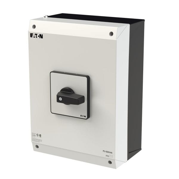EATON - EIN-AUS-Schalter, P3, 100 A, Aufbau, 3-polig, mit schwarzem Knebel und Frontschild, UL/CSA