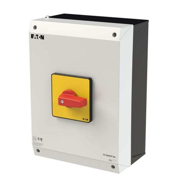 EATON - EIN-AUS-Schalter, P3, 100 A, Aufbau, 3-polig, NOT-AUS-Funktion, mit rotem Knebel und gelbem Frontschild, UL/CSA
