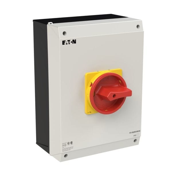 EATON - Hauptschalter, P3, 100 A, Aufbau, 3-polig, NOT-AUS-Funktion, mit rotem Drehgriff und gelbem Sperrkranz, UL/CSA