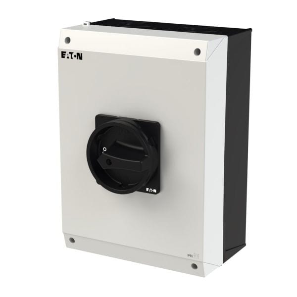 EATON - Hauptschalter, P3, 100 A, Aufbau, 3-polig + N, 1 Schließer, 1 Öffner, HALT-Funktion, mit schwarzem Drehgriff und Sperrkranz, abschließbar in