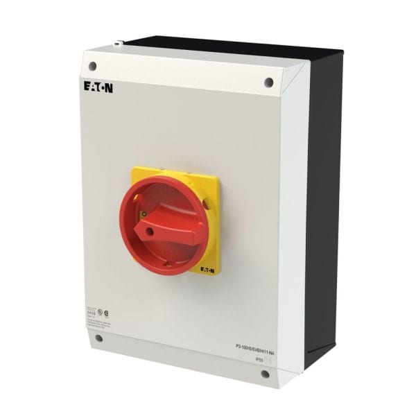 EATON - Hauptschalter, P3, 100 A, Aufbau, 3-polig, 1 Schließer, 1 Öffner, NOT-AUS-Funktion, mit rotem Drehgriff und gelbem Sperrkranz, UL/CSA