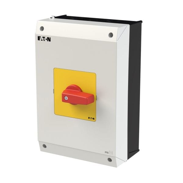 EATON - EIN-AUS-Schalter, P3, 63 A, Aufbau, 3-polig, NOT-AUS-Funktion, mit rotem Knebel und gelbem Frontschild