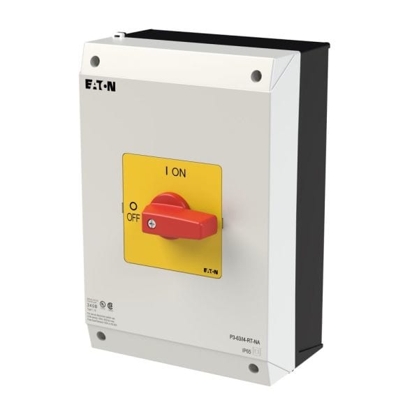 EATON - EIN-AUS-Schalter, P3, 63 A, Aufbau, 3-polig, NOT-AUS-Funktion, mit rotem Knebel und gelbem Frontschild, UL/CSA