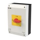 EATON - EIN-AUS-Schalter, P3, 63 A, Aufbau, 3-polig, NOT-AUS-Funktion, mit rotem Knebel und gelbem Frontschild, UL/CSA