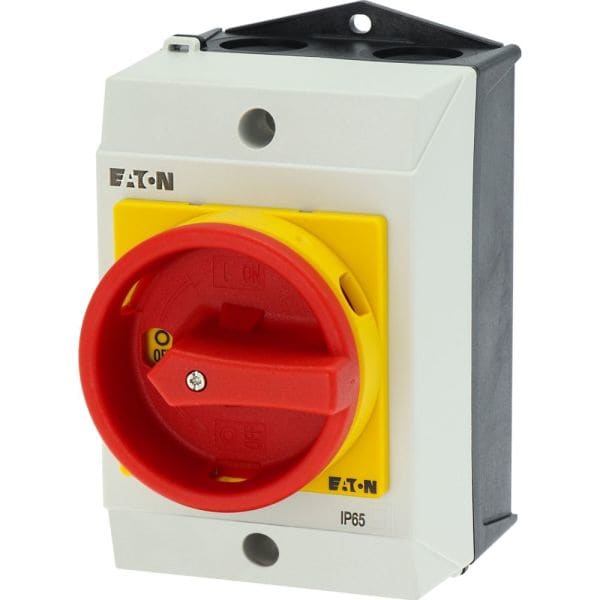 EATON - Hauptschalter, T0, 20 A, Aufbau, 1 Baueinheit(en), 2-polig, NOT-AUS-Funktion, mit rotem Drehgriff und gelbem Sperrkranz, abschließbar in 0-S