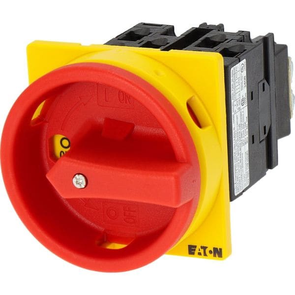 EATON - Hauptschalter, T0, 20 A, Einbau, 3 Baueinheit(en), 3-polig, 2 Schließer, 1 Öffner, NOT-AUS-Funktion, mit rotem Drehgriff und gelbem Sperrkra