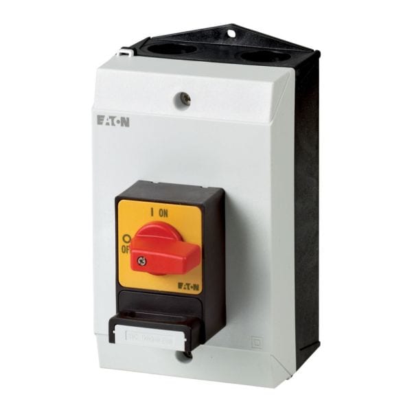 EATON - Hauptschalter, T0, 20 A, Aufbau, 3 Baueinheit(en), 5-polig, NOT-AUS-Funktion, mit rotem Drehgriff und gelbem Sperrkranz