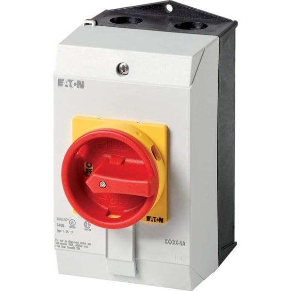 EATON - Hauptschalter, T0, 20 A, Aufbau, 4 Baueinheit(en), 8-polig, NOT-AUS-Funktion, mit rotem Drehgriff und gelbem Sperrkranz, UL/CSA