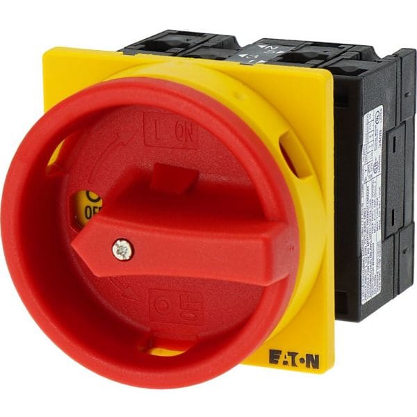 EATON - Hauptschalter, T3, 32 A, Einbau, 2 Baueinheit(en), 3-polig + N, NOT-AUS-Funktion, mit rotem Drehgriff und gelbem Sperrkranz