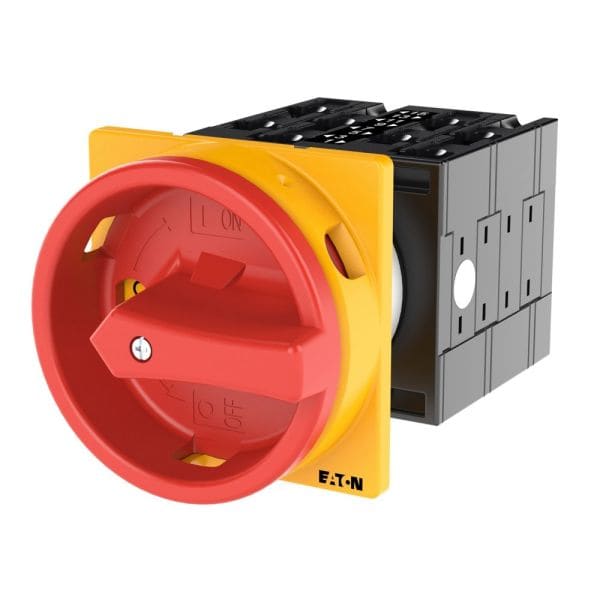 EATON - Hauptschalter, T3, 32 A, Einbau, 4 Baueinheit(en), 6-polig, 1 Schließer, 1 Öffner, NOT-AUS-Funktion, mit rotem Drehgriff und gelbem Sperrkra