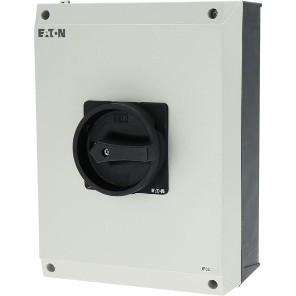 EATON - Hauptschalter, T5, 100 A, Aufbau, 4 Baueinheit(en), 6-polig, 1 Schließer, 1 Öffner, HALT-Funktion, mit schwarzem Drehgriff und Sperrkranz, a