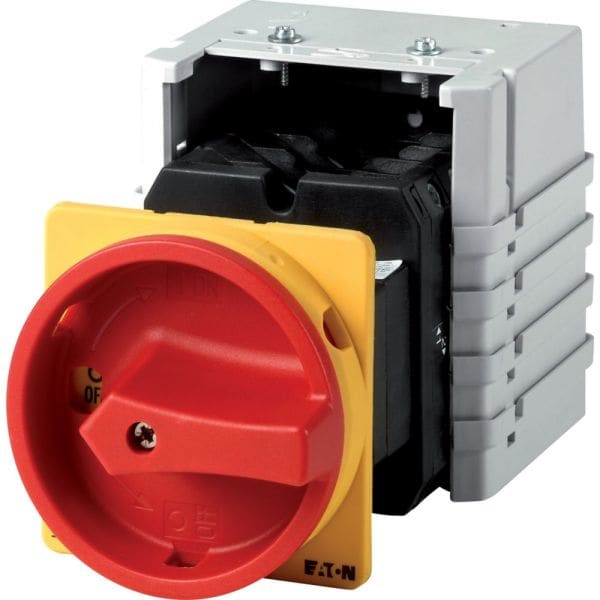 EATON - Hauptschalter, T5, 100 A, Zwischenbau, 5 Baueinheit(en), 9-polig, NOT-AUS-Funktion, mit rotem Drehgriff und gelbem Sperrkranz