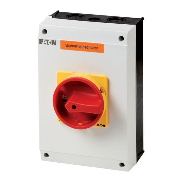 EATON - Sicherheitsschalter, T5B, 63 A, 6-polig, NOT-AUS-Funktion, mit rotem Drehgriff und gelbem Sperrkranz, abschließbar in 0-Stellung mit Deckelv