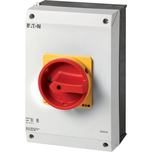 EATON - Hauptschalter, T5B, 63 A, Aufbau, 3 Baueinheit(en), 3-polig + N, 1 Schließer, 1 Öffner, NOT-AUS-Funktion, mit rotem Drehgriff und gelbem Spe