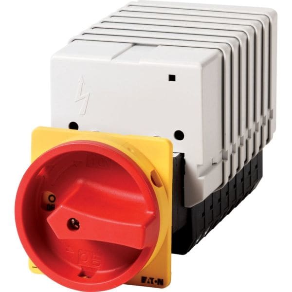 EATON - Hauptschalter, T5B, 63 A, Zwischenbau, 8 Baueinheit(en), 16-polig, NOT-AUS-Funktion, mit rotem Drehgriff und gelbem Sperrkranz