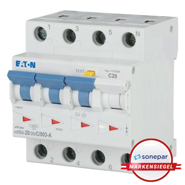 EATON - MS! FI/LS-Kombischalter, 20 A, 30 mA, C-LS-Char, 3N-polig, FI-Char: A