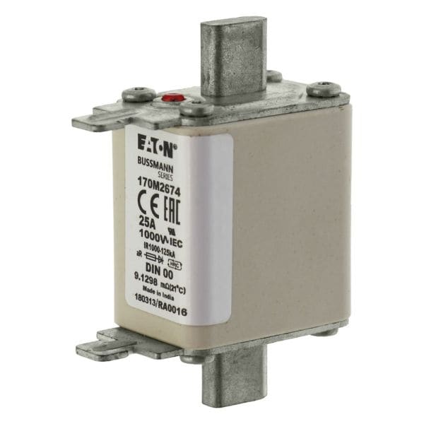 EATON - Sicherungseinsatz, superflink, 25 A, AC 1000 V, 125 kA, DIN 00, aR, DIN, IEC, Kennmelder Typ T, spannungsführende Grifflasche