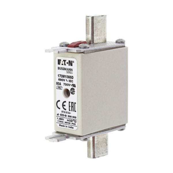 EATON - Sicherungseinsatz, superflink, 80 A, AC 690 V, 200 kA, DIN 000, aR, DIN, IEC, Kennmelder Typ T, quadratischer Körper mit Messerkontakten