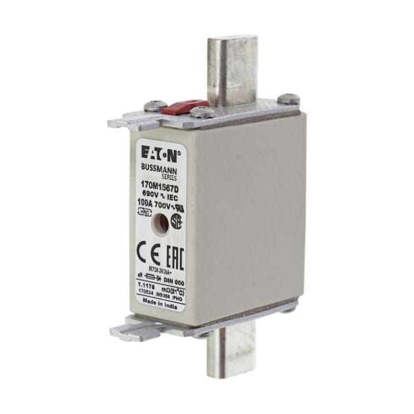 EATON - Sicherungseinsatz, superflink, 100 A, AC 690 V, 200 kA, DIN 000, aR, DIN, IEC, Kennmelder Typ T, quadratischer Körper mit Messerkontakten