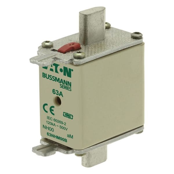 EATON - Sicherungseinsatz, Niederspannung, 63 A, AC 500 V, 120 kA, NH00, aM, IEC, Doppelkennmelder, spannungsführende Grifflasche