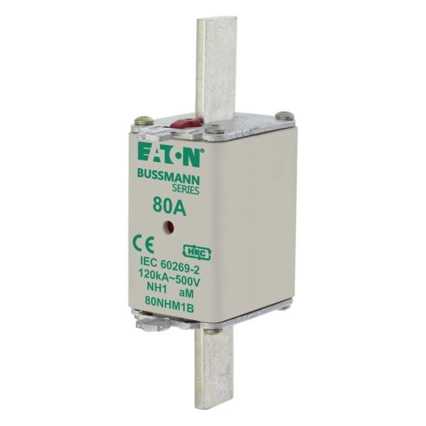 EATON - Sicherungseinsatz, Niederspannung, 80 A, AC 500 V, 120 kA, NH1, aM, IEC, Doppelkennmelder, spannungsführende Grifflasche