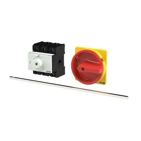EATON - Hauptschalter, P3, 100 A, Zwischenbau, 3-polig, NOT-AUS-Funktion, mit rotem Drehgriff und gelbem Sperrkranz, abschließbar in 0-Stellung, mit