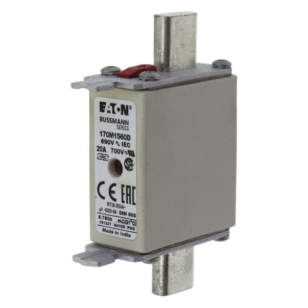 EATON - Sicherungseinsatz, superflink, 20 A, AC 690 V, 200 kA, DIN 000, gR, DIN, IEC, Kennmelder Typ T, spannungsführende Grifflasche