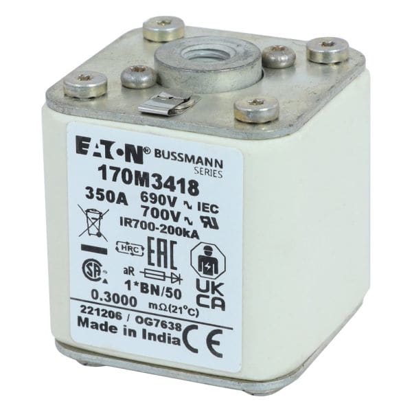 EATON - Sicherungseinsatz, superflink, 350 A, AC 690 V, compact size 1, 45 x 59 x 51 mm, aR, IEC, UL, M8, quadratischer Körper mit bündigen Endkonta