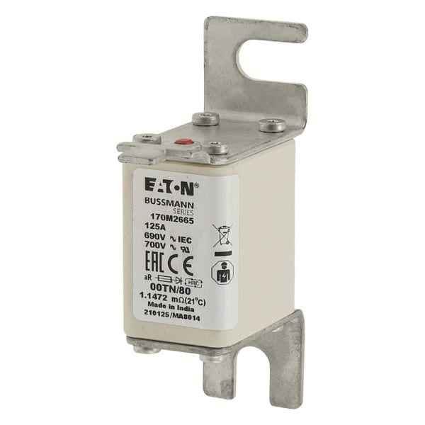 EATON - Sicherungseinsatz, superflink, 125 A, AC 690 V, 200 kA, DIN 00, aR, DIN, IEC, Kennmelder Typ T, spannungsführende Grifflasche