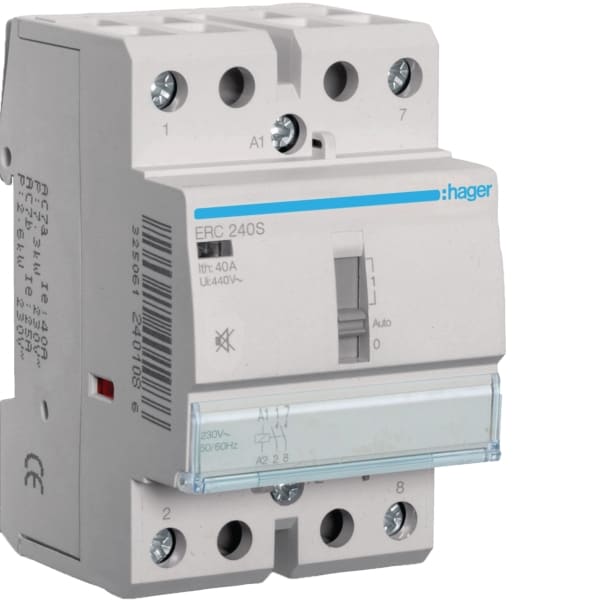 HAGER - Schütz 40A, 2S, 230AC/220DC mit Handschaltung, brummfrei