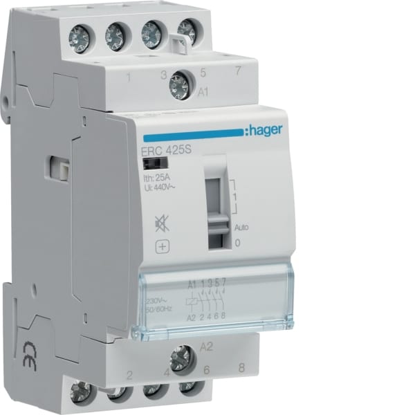 HAGER - Insta-Schütz 4Schl. 25A/230VAC Handschaltung brummfrei 2TE