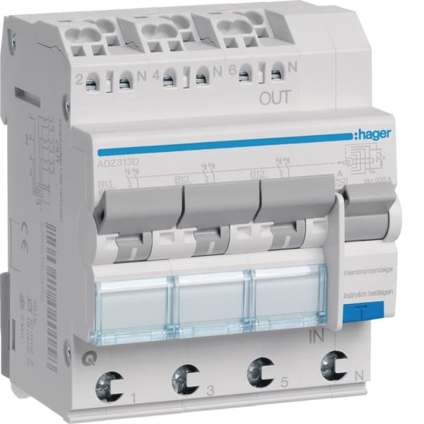 HAGER - FI-LS 3X 1P+N 6kA B-13A 30mA Typ A QC