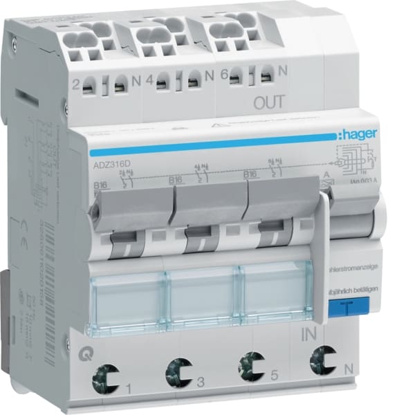 HAGER - FI-LS 3X 1P+N 6kA B-16A 30mA Typ A QC