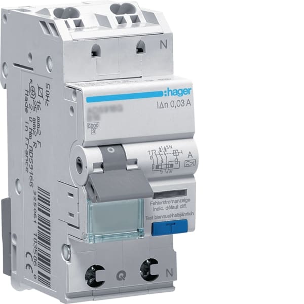 HAGER - FI-LS 1P+N 6kA B-13A 30mA A-G QC-QB