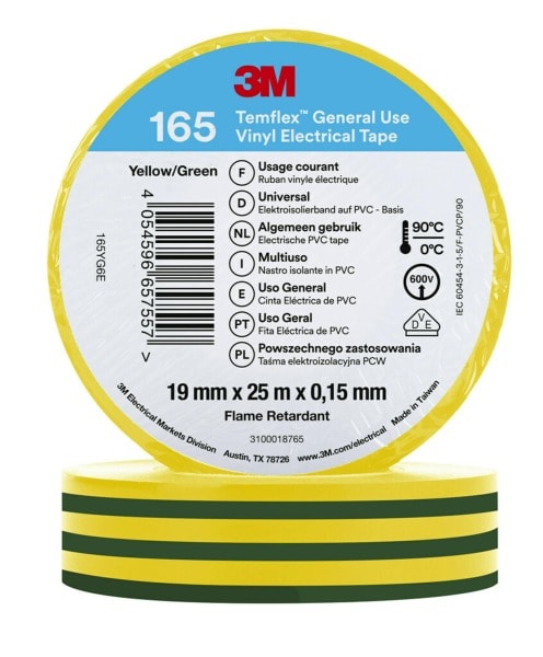 3M - 3M™ Temflex™ Vinyl-Isolierband 165, Grün/Gelb, 19mmx25m
