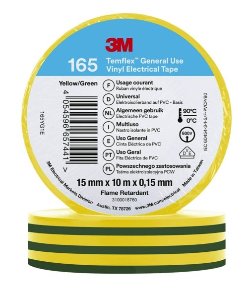 3M - 3M™ Temflex™ Vinyl-Isolierband 165, Grün/Gelb, 15mmx10m