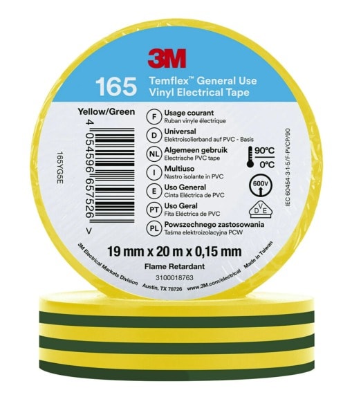 3M - 3M™ Temflex™ Vinyl-Isolierband 165, Grün/Gelb, 19mmx20m
