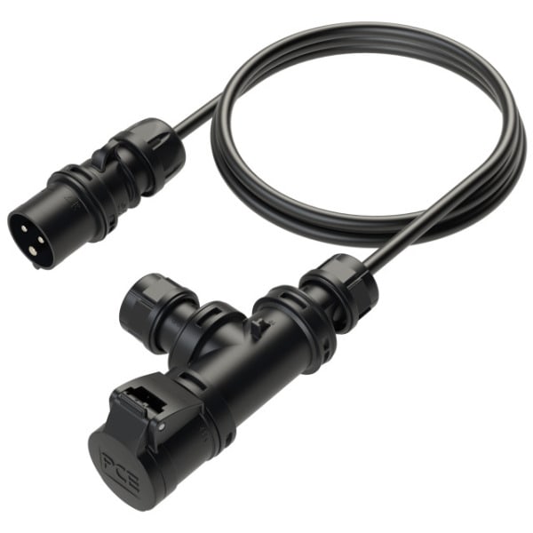PC ELECTRIC - CEE Stecker 16A 3p +Kabel mit Kupplung und Kabelauslass IP44 (T-Connect) schwarz