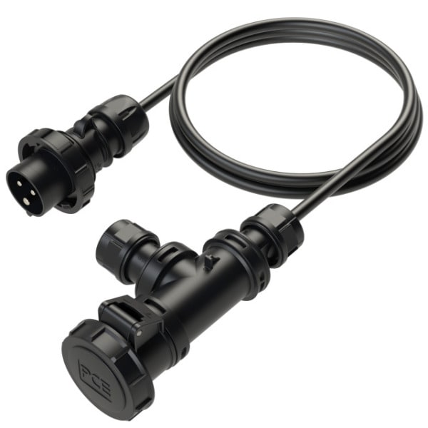 PC ELECTRIC - CEE Stecker 16A 3p +Kabel mit Kupplung und Kabelauslass IP67 (T-Connect) schwarz