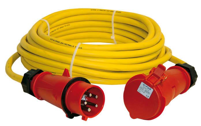 GIFAS - CEE Verlängerung, 25m H07RN-F 5x2,5 gelb, Stecker + Kupplung 16A