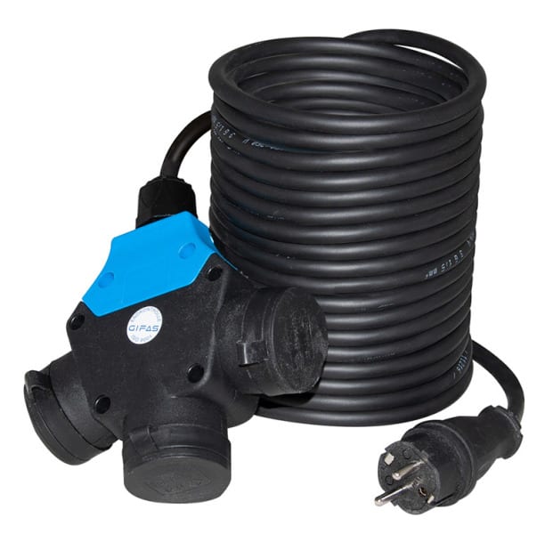 GIFAS - Schuko Verl., 10m H07RN-F 3x1,5 schwarz, Stecker + 3fach-Kupplung