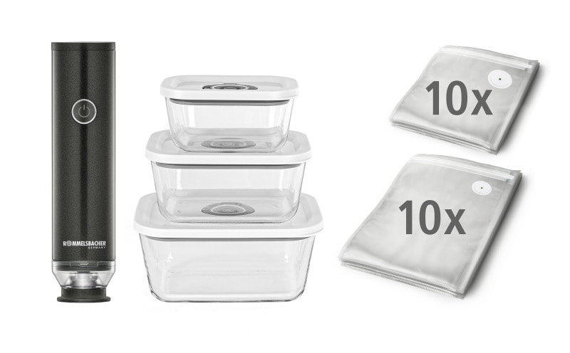 ROMMELSBACHER - Vakuumier-Starterset 7l/min kabell. Akku +Beutel +USB-Kab. +3Glasbeh. anth-met