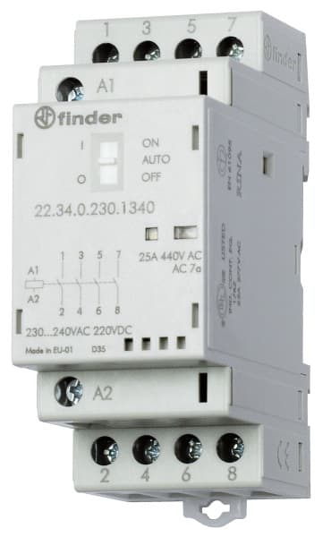 FINDER - Schütz für Reiheneinbau, 4 Schliesser 25A, Spule 230VAC/DC, LED